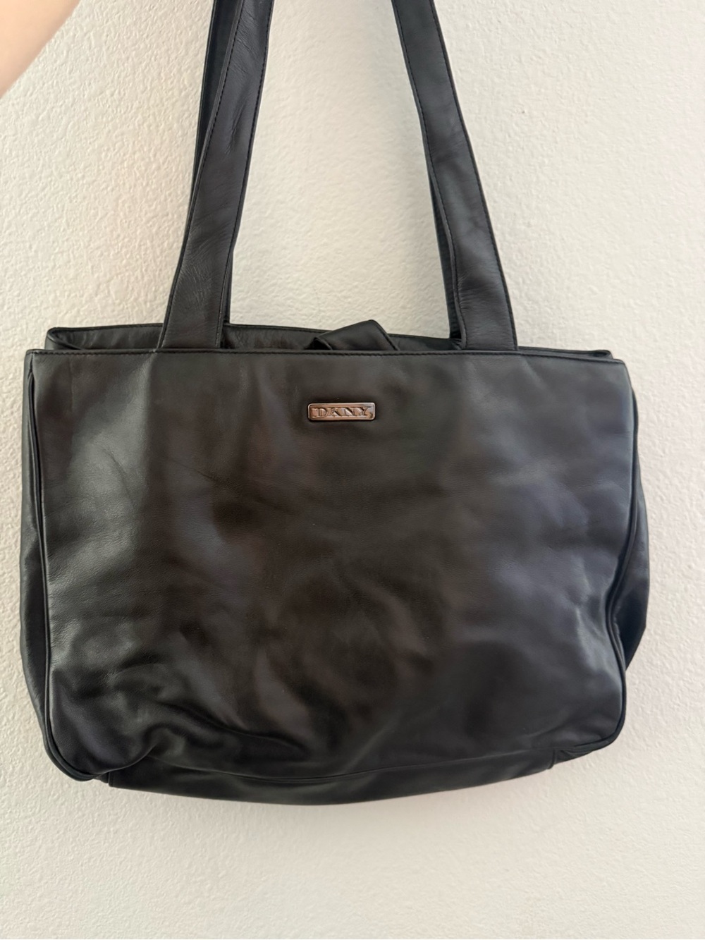 Vintage DKNY Black Leather Shoulder Tote with Logo Plate